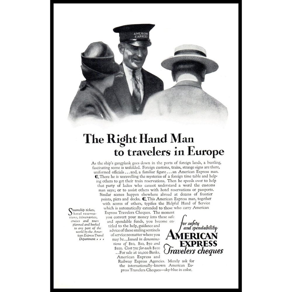 1929 American Express Travellers Cheques Vintage Print Ad Man Banker Hat Photo